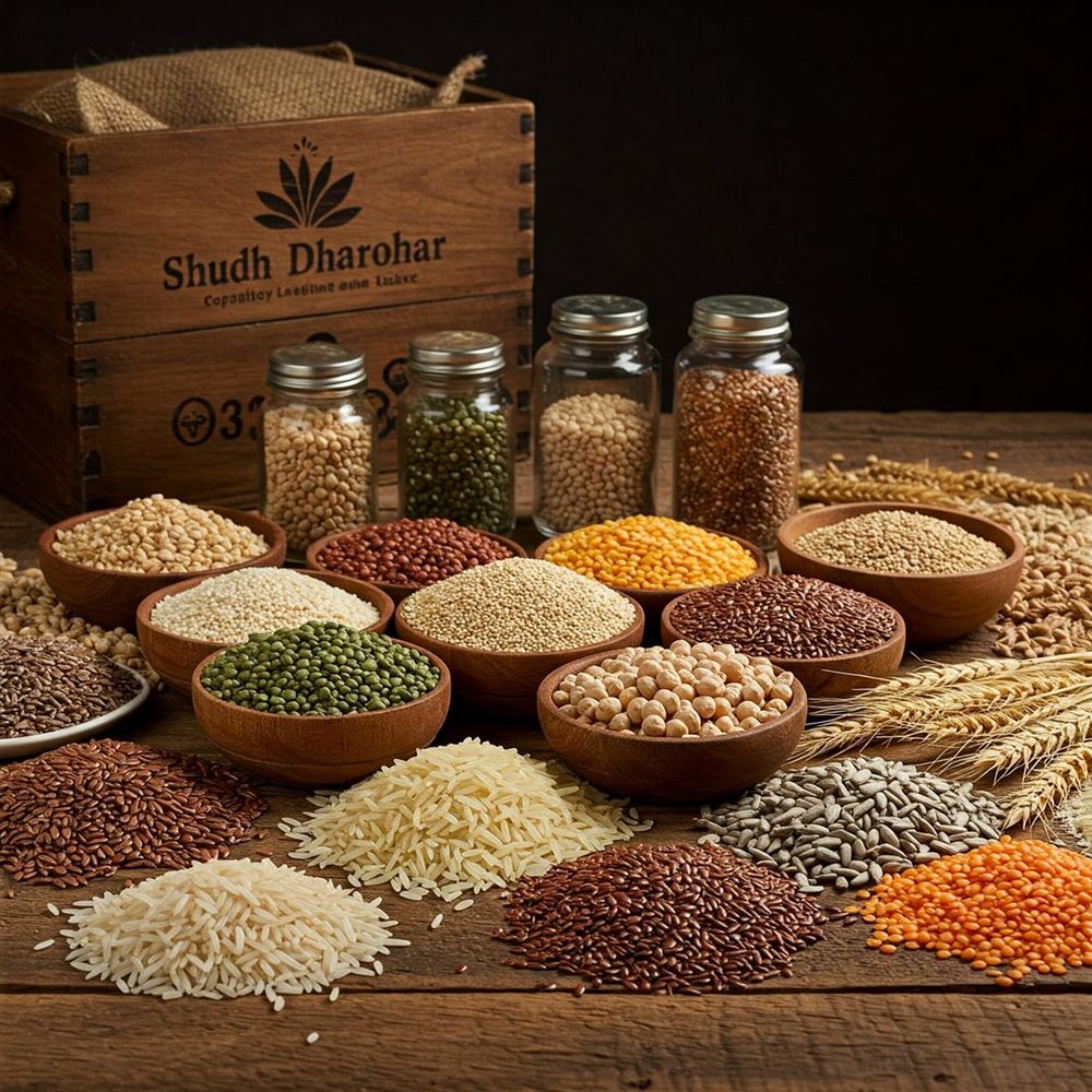 Bowls of pulses, lentils, chickpeas and grains with heaps of rice and seeds stocked by Karthigai Traders, Salem