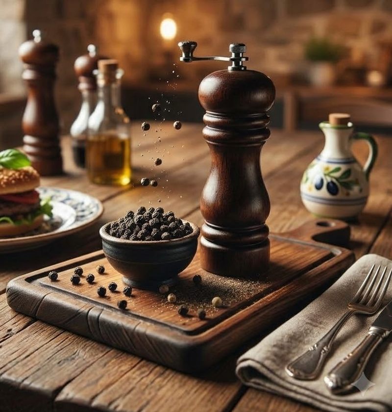 Black peppercorns in a bowl beside a wooden pepper grinder